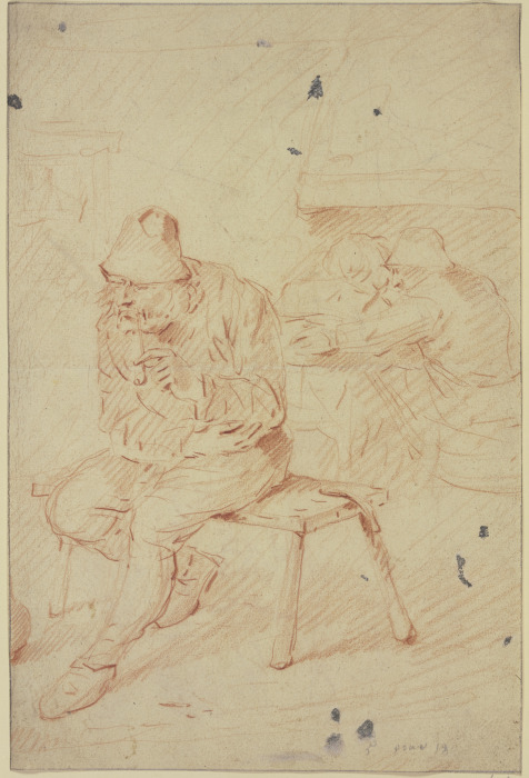 Ein rauchender Bauer sitzt auf einer Bank, im Hintergrund umarmt ein Mann eine Frau von Egbert Jaspersz. van Heemskerck