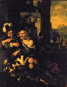 Kinder, mit einem Hündchen spielend. 1679