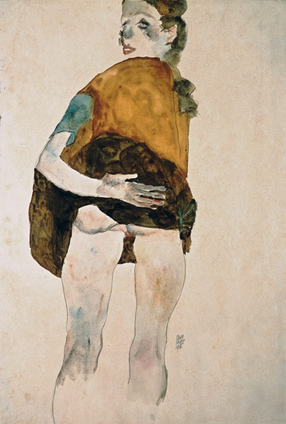 Stehendes Mädchen mit gehobenem Rock. von Egon Schiele
