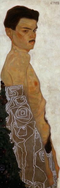 Aktselbstbildnis mit ornamentierter Drapierung von Egon Schiele