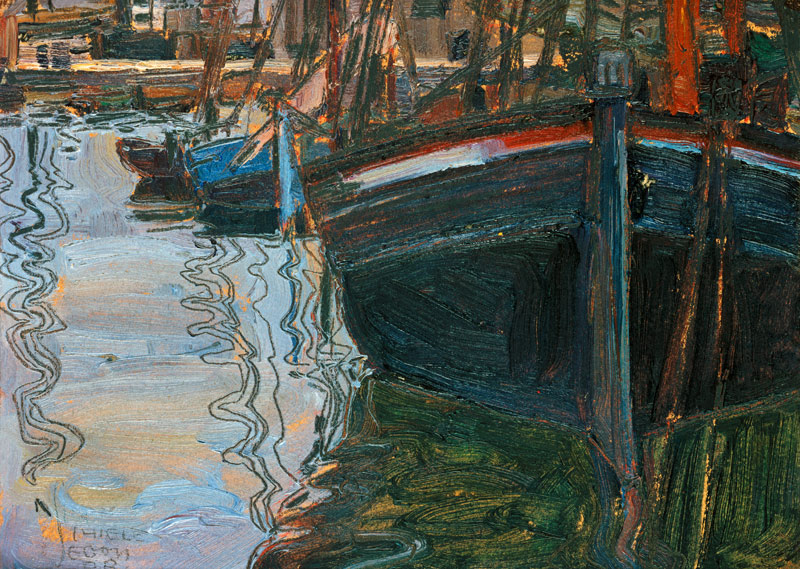 Boote, sich im Wasser spiegelnd von Egon Schiele
