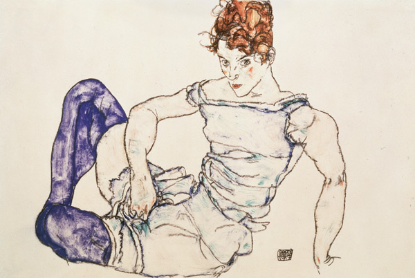 Sitzende Frau mit violetten Strümpfen von Egon Schiele