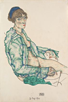 Sitzender Halbakt mit blauem Haarband 1914