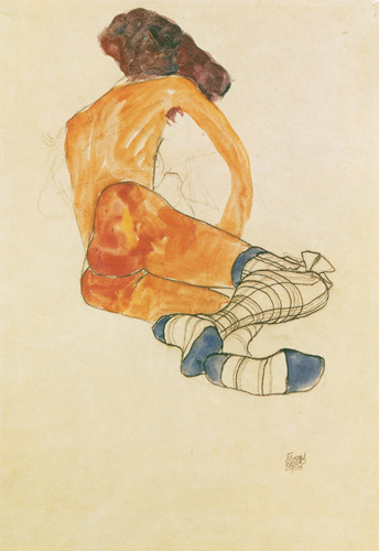 Sitzender weiblicher Akt mit blauem Strumpfband, vom Rücken gesehen von Egon Schiele