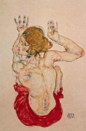 Rückenakt eines auf rotem Tuch sitzenden Mädchens 1914