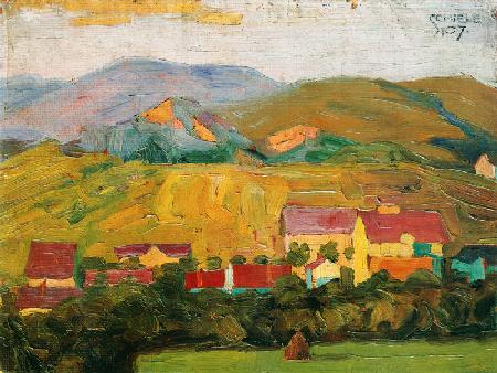 Dorf mit Bergen 1907