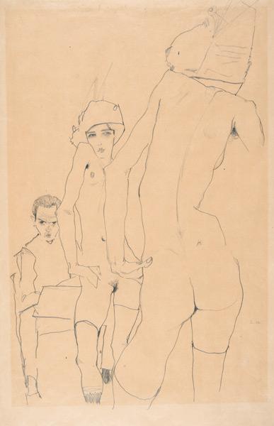 Schiele mit Aktmodell vor dem Spiegel 1910