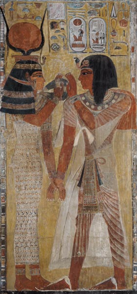 The Goddess Hathor placing the magic collar on Seti I (c.1394-1279 BC), taken from the Tomb of Seti von Egyptian