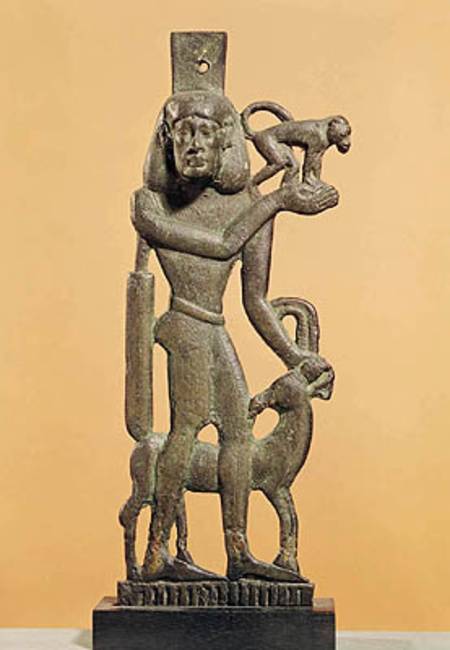 Figure of a man holding a monkey with an ibex licking his knee, Saite Period von Egyptian