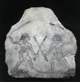 Ostrakon depicting two men fighting with sticks, from Deir El-Medina, New Kingdom