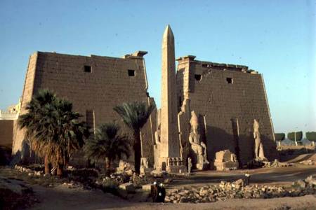 View of the North East facade of the Temple with the pylon and obelisk, New Kingdom von Egyptian