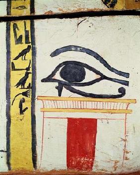 Wedjat Eye, detail from the sarcophagus cover of the Lady of Madja, New Kingdom, c.1450 BC (painted 20th