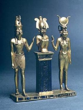 Triad of Osorkon II: Osiris flanked by Isis and Horus, Third Intermediate Period, c.874-850 BC (gold 17th