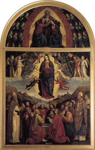Himmelfahrt Mariae mit den Heiligen Ambrosius, Augustinus, Gervasius und Prothasius von eigentl. Ambrogio da Fossano um Bergognone