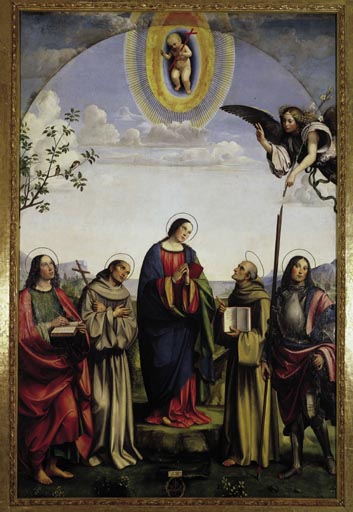 Verkuendigung an Maria mit Heiligen von (eigentl. Francesco Raibolini) Francia