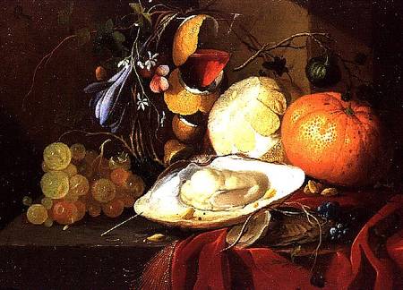 An oyster, a glass of wine and fruit on a table covered with a red velvet drape von Elias van den Broeck