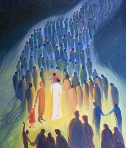 Christ walks amongst his people, with the pilgrims and the sick ones, a child on His shoulders von Elizabeth  Wang