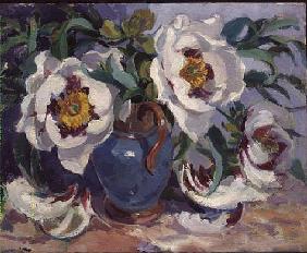 White Peonies in a Blue Jug (w/c) 