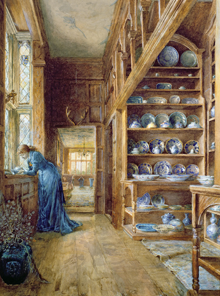 Interior of a panelled house with a collection of Imari and Blue and White Porcelain von Ellen Clacy