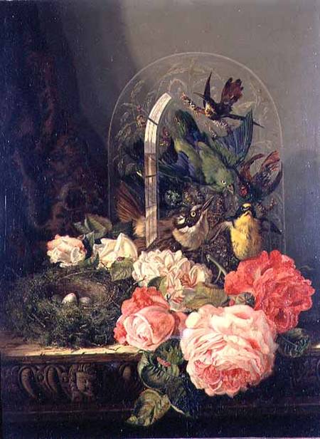 Still life of birds, flowers and a bird's nest on a table von Ellen Ladell