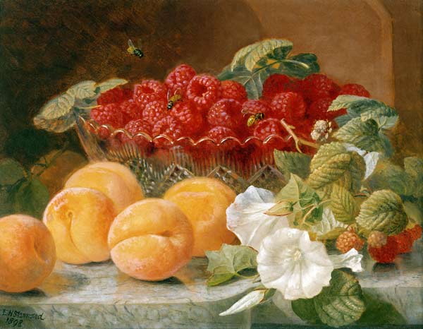 Bowl of raspberries and peaches von Eloise Harriet Stannard