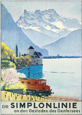 Simplonlinie', poster advertising rail travel around Lake Geneva