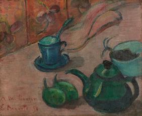 Stillleben mit Teekanne, Tasse und Früchten 1890