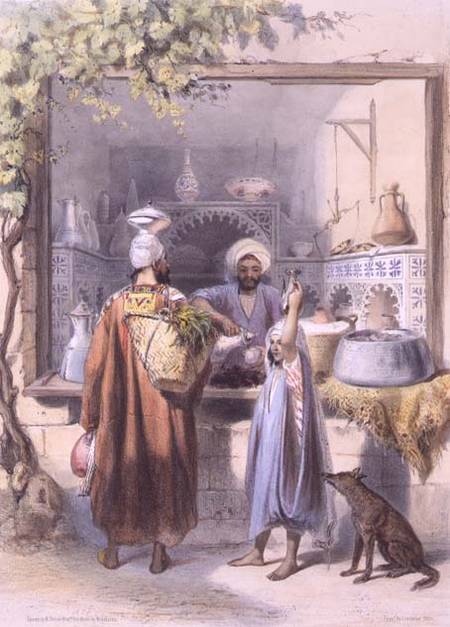 A Zeyat or Oil Seller with Customers in his Shop in Cairo, illustration from 'The Valley of the Nile von Emile Prisse d'Avennes