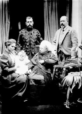 Queen Victoria, Tsar Nicholas II, Tsarina Alexandra Fyodorovna, her daughter Olga Nikolaevna and Alb von English Photographer, (19th century)