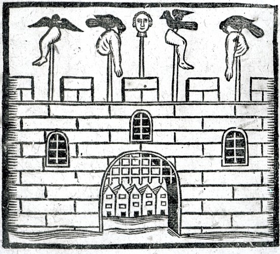 Body on spikes on the castle battlements, an illustration from ''A Book of Roxburghe Ballads'' von English School