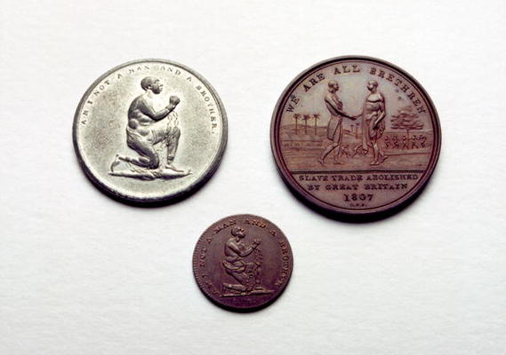 Clockwise from top left: Anti-slavery medal, 1787 (white metal); Abolition of the slave trade, made von English School