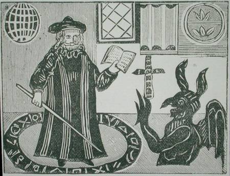 Dr Faustus in a Magic Circle, frontispiece of Gent's translation of 'Dr Faustus' von English School