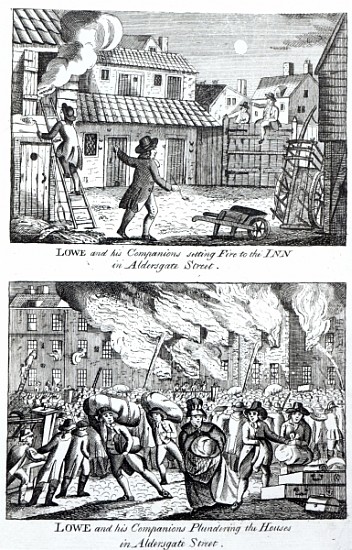 Edward Lowe and his companions setting fire to the inn on Aldersgate Street and plundering the house von English School