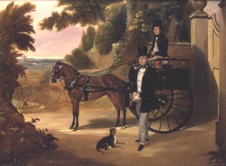 Two gentleman with their trap in a wooded landscape von English School