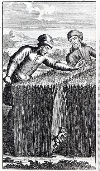 Gulliver is discovered by a farmer in Brobdingnag, illustration from ''Gulliver''s Travels''Jonathan von English School