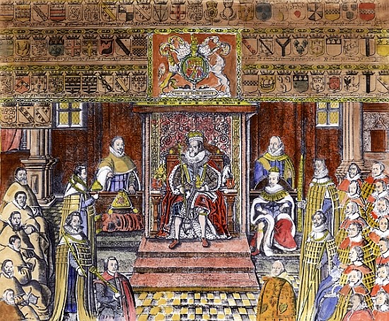 James I of England (1566-1625) at Court, von English School