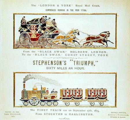 The 'London and York' Royal Mail Coach and Stephenson's 'Triumph', woven for the York Exhibition von English School