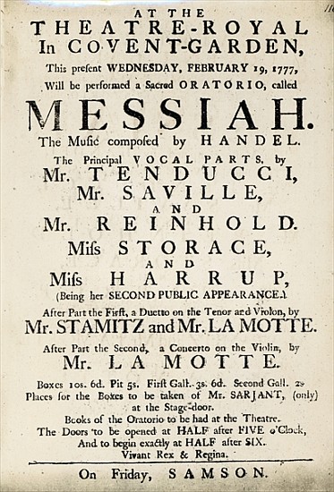 Playbill advertising a performance of Handel''s Oratorio, ''Messiah'' in 1777 von English School