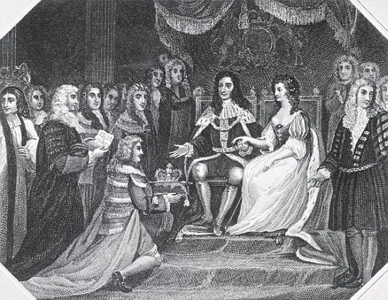 Presentation of the Bill of Rights to William III (1650-1702) of Orange and Mary II (1662-94) von English School