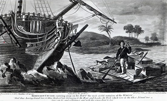 Robinson Crusoe carrying away on his raft the most useful remains of the wreck von English School