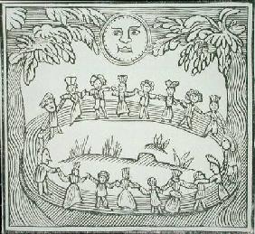 Circle of Witches Dancing Beneath a Full Moon, illustration from a collection of chapbooks on esoter