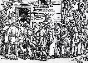 Protestants, roped together, being led to London for trial, from ''Acts and Monuments'' John Foxe (1