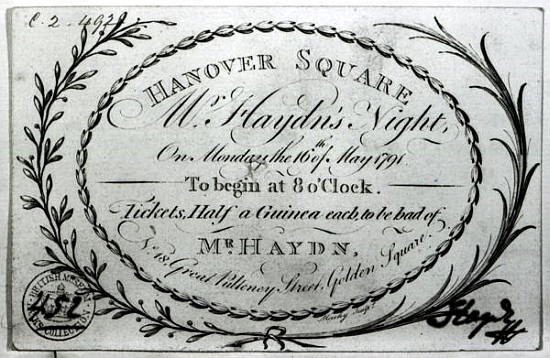 Ticket to ''Mr. Haydn''s Night'' in Hanover Square, 16th May 1791 von English School