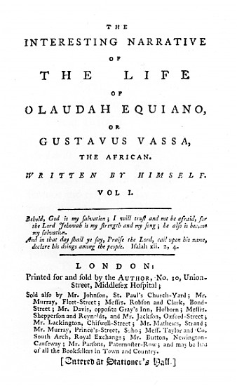 Title page to ''The Interesting Narrative of the Life of Olaudah Equiano, or Gustavus Vassa, the Afr von English School