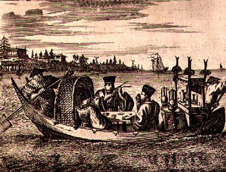 A Wealthy Mandarin Dining in a Boat, illustration from a description of Embassies to China von English School