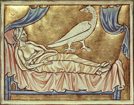Roy 12 C XIX f.47v Caladrius bird, reputed to foretell the fate of a sick man, above a man in bed, f von English School, (13th century)