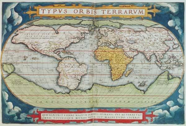 Map charting Sir Francis Drake's (c.1540-96) circumnavigation of the globe, engraved by Frans Hogenb von English School, (16th century)