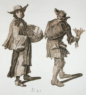 'Buy a new Almanac! Fine writing ink!', illustration of street sellers around 1675 (engraving) von English School, (17th century) (after)
