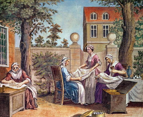 Silk-Making, engraved by J. Hinton for 'Universal Magazine' at the Kings Arms, St. Paul's Churchyard von English School, (18th century)