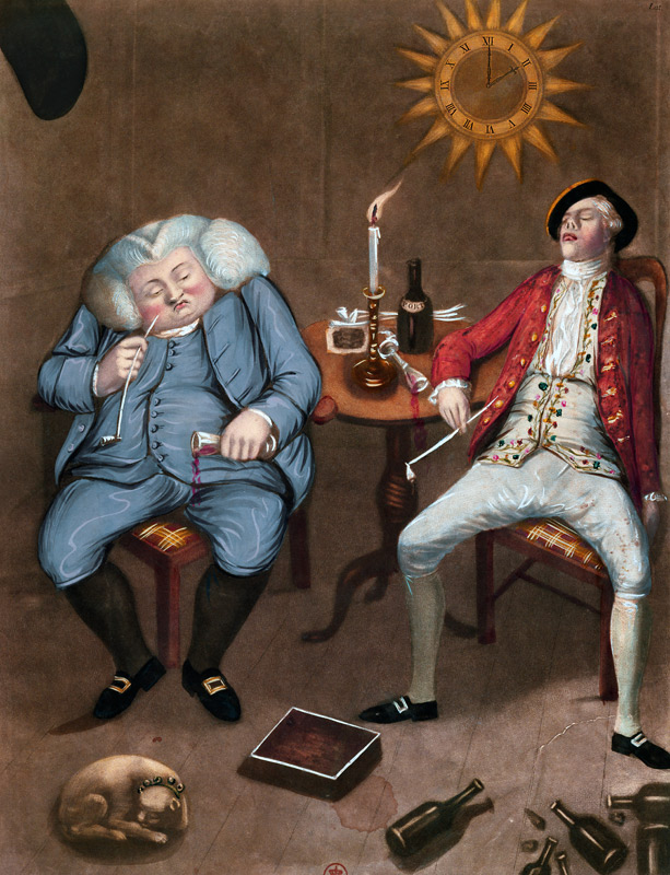 The Solid Enjoyment of Bottle and Friend, 1774 (colour litho heightened with gouache) von English School, (18th century)